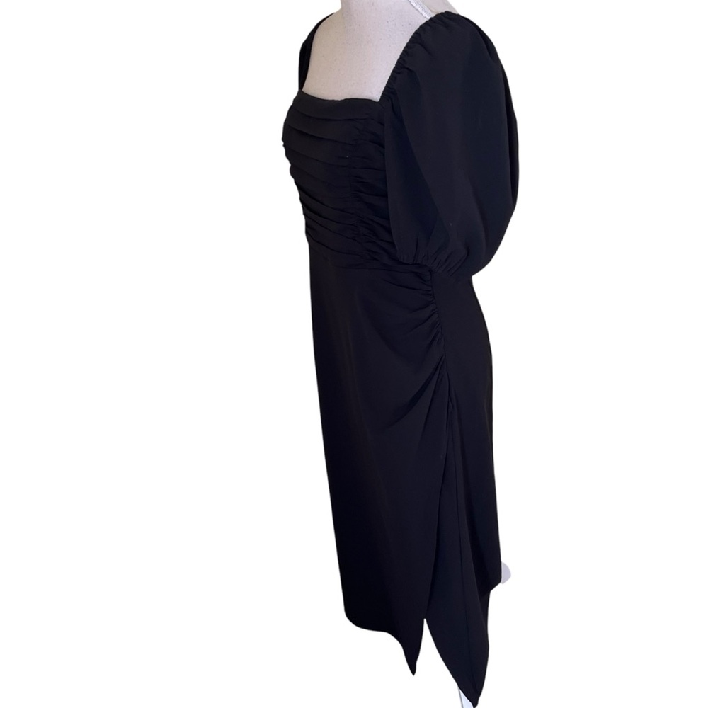 French Connection "Afina" Black Ruched Puff Sleeve Midi Dress with Slit M - Picture 6 of 15